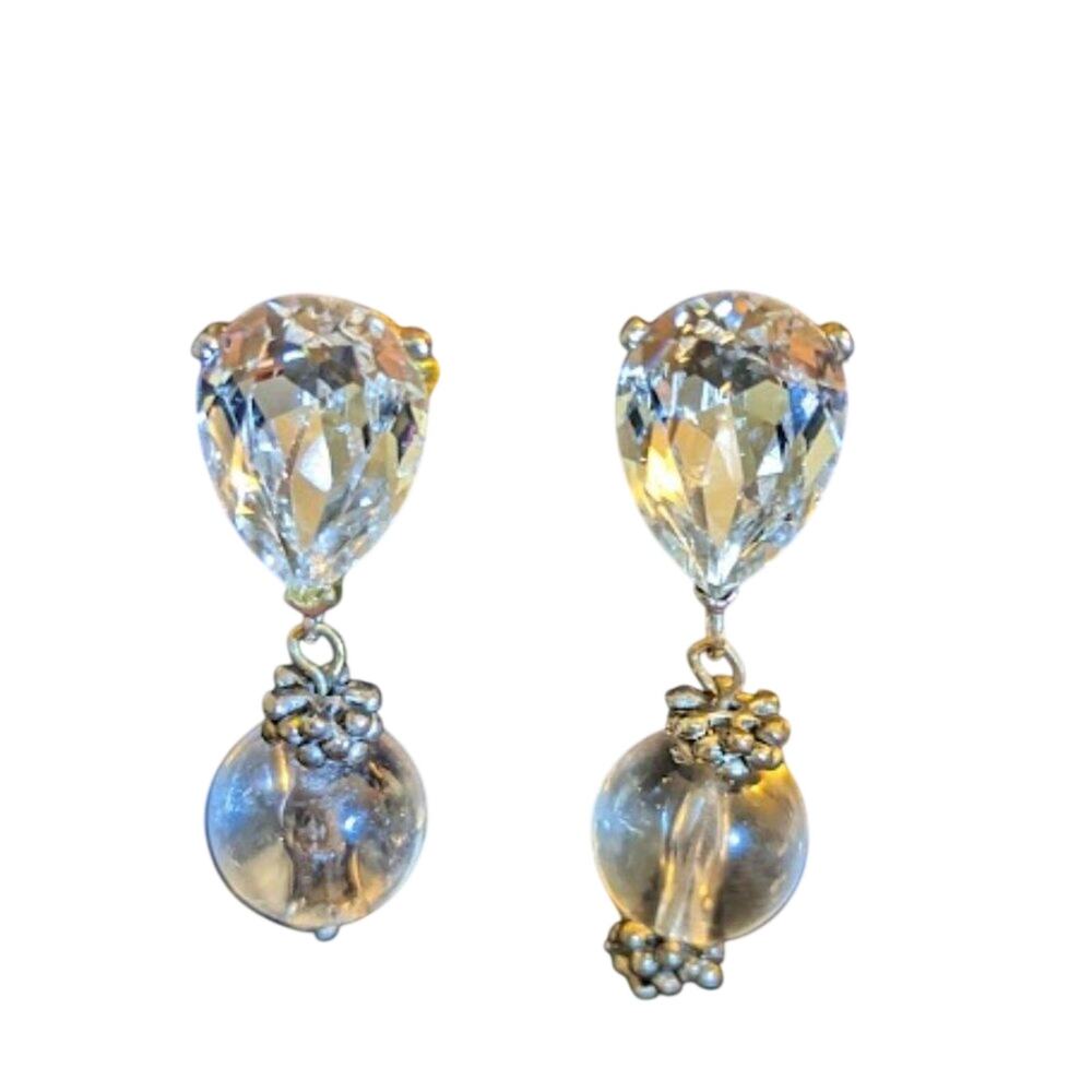 Vtg Kenneth Jay Lane Crystal Glass Drop Dangle Silver Tone Clip On Earrings